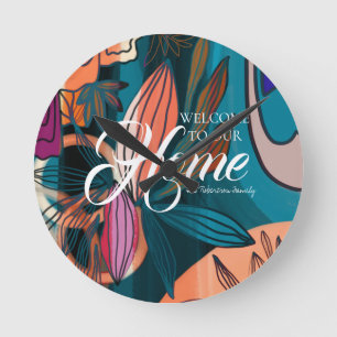 Artistic Orange Pink Navy Botanical Blätter Willko Runde Wanduhr