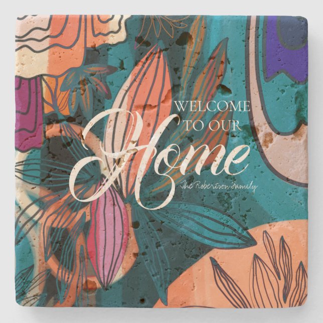 Artistic Orange Pink Navy Botanical Blätter Willko Steinuntersetzer (Vorderseite)