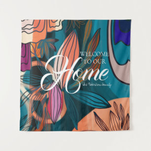 Artistic Orange Pink Navy Botanical Blätter Willko Wandteppich