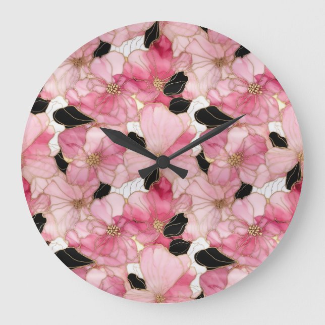 Artistic Pink Blooms Black Ink Abstract Große Wanduhr (Vorderseite)