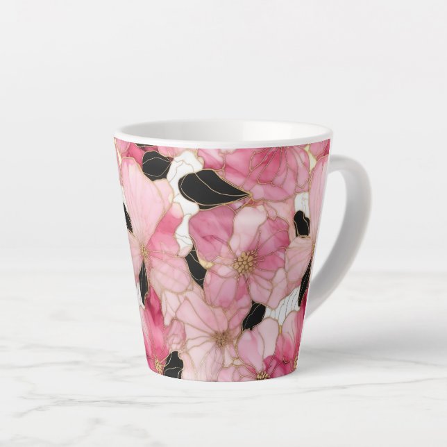 Artistic Pink Blooms Black Ink Abstract Milchtasse (Rechte Ecke)