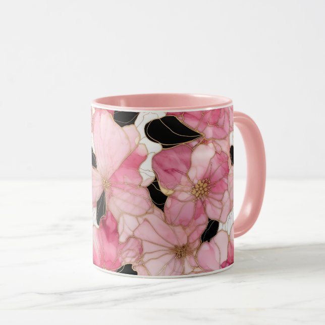 Artistic Pink Blooms Black Ink Abstract Tasse (VorderseiteRechts)