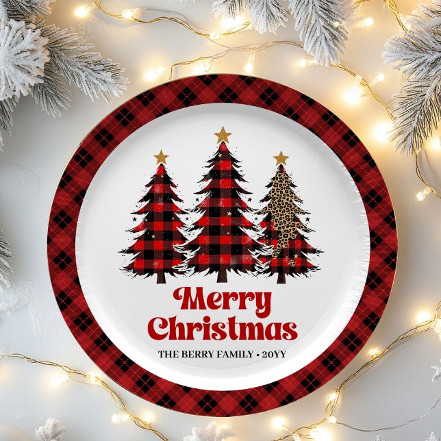 Artistic Plaid Christmas Tree Custom Name Paper   Pappteller (Artistic Plaid Christmas Tree Custom Name Paper Plates)
