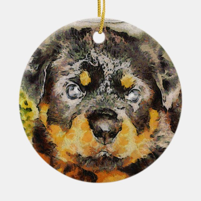 Artistic Rottweiler Puppy Portrait Keramikornament (Vorne)