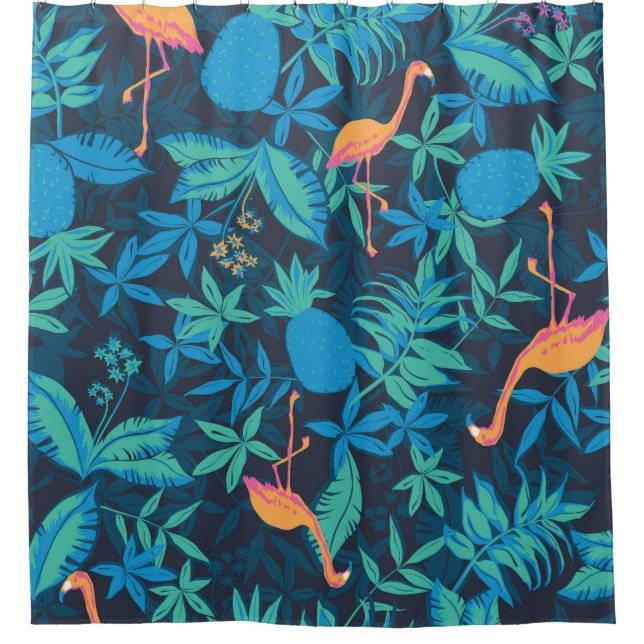 Artistic Tropical: Flamingo Ananas Muster. Duschvorhang (Vorderseite)