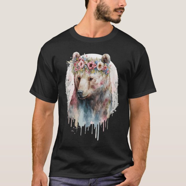 Artistic Watercolor Grizzly Bear Flower Crown Boho T-Shirt (Vorderseite)