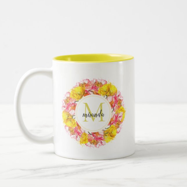 Artistic Watercolor Poppy Wreath Monogram Zweifarbige Tasse (Links)