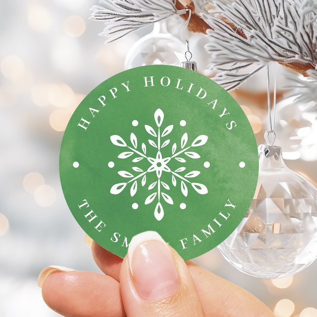 Artistic Watercolor Schneeflocken Grün Weihnachten Runder Aufkleber (Artistic Watercolor Snowflake green Christmas Classic Round Sticker)