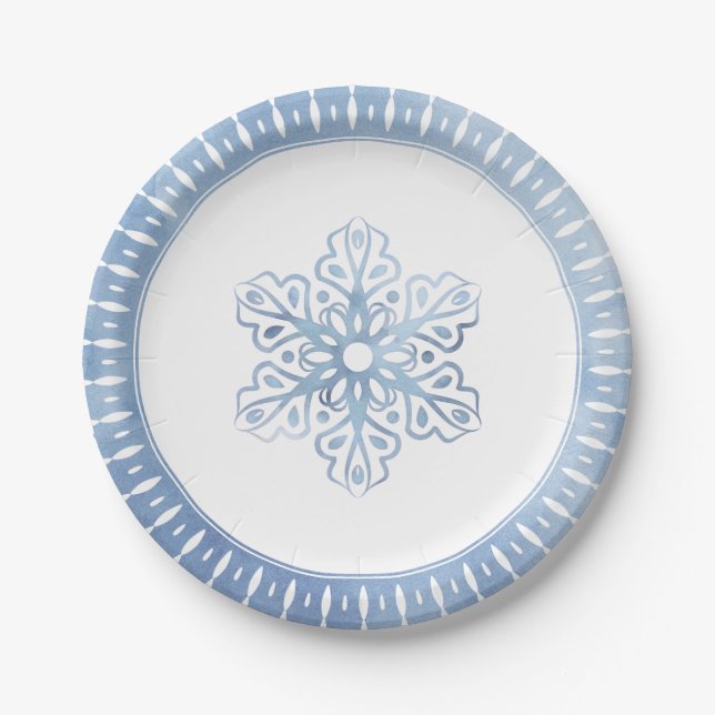 Artistic Watercolor Snowflake Blauer Weihnachten Pappteller (Vorderseite)