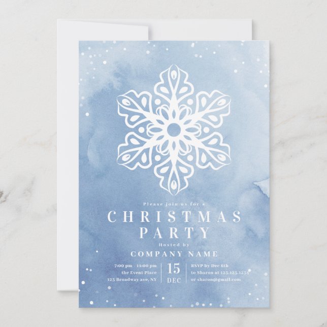Artistic Watercolor Snowflake Blue Christmas Party Einladung (Vorderseite)
