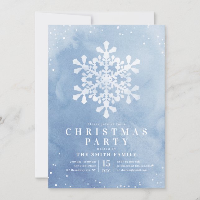Artistic Watercolor Snowflake Blue Christmas Party Einladung (Vorderseite)