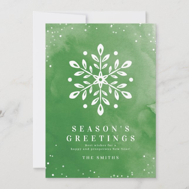 Artistic Watercolor Snowflake Green Weihnachtskart Einladung (Vorderseite)