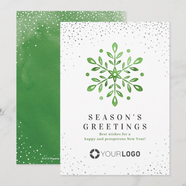 Artistic Watercolor Snowflake Green Weihnachtskart Einladung (Vorne/Hinten)