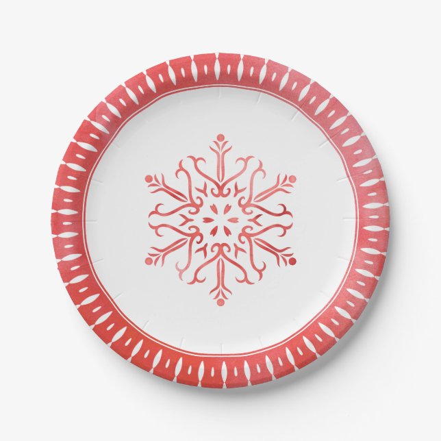 Artistic Watercolor Snowflake Rote Weihnachten Pappteller (Vorderseite)