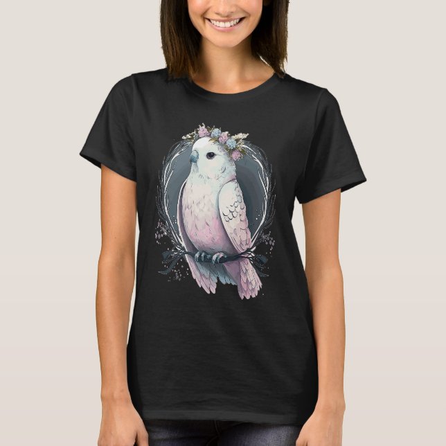 Artistic White Parakeet Budgie Bird Flower Crown P T-Shirt (Vorderseite)