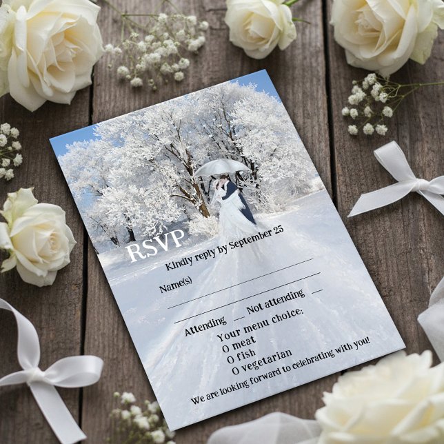 Artistic Winter Wonderland Dream Wedding RSVP Card Einladung (Wedding RSVP card featuring a painting of a winter wonderland scene with a couple with umbrella)