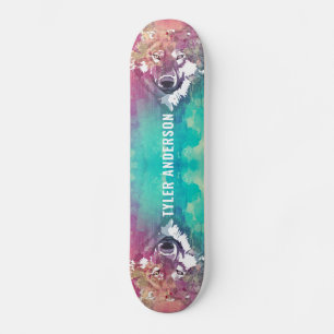 Artistisch rosa Türkis Watercolor Wolf Monogramm Skateboard