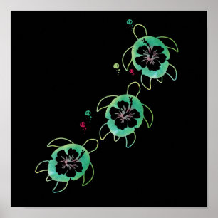 Artistische Meeresschildkröten Hibiskus Blume Wine Poster