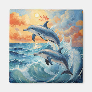 Artistische Zwei-Springer-Delphine Sonnenuntergang Magnet