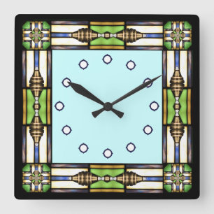 Arts and Crafts Glass Style Wall Clock Quadratische Wanduhr