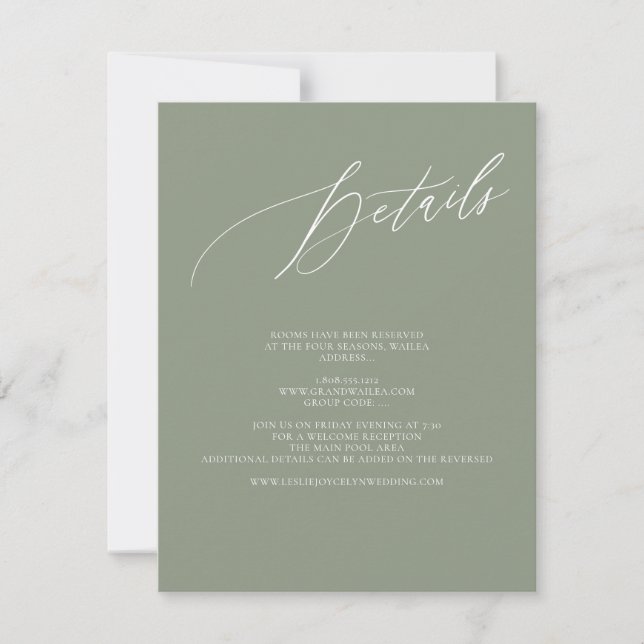 ArtsApp Elegant Sage Details Luxe Kalligraphie RSVP Karte (Vorderseite)