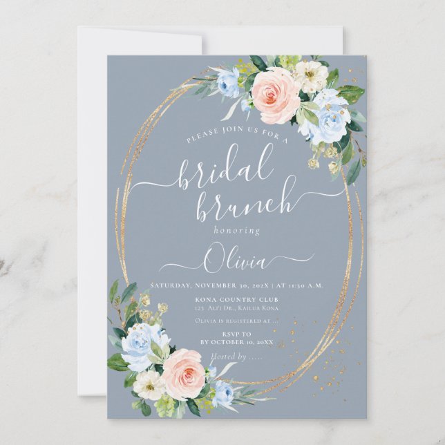 ArtsApp H2 Blush Pink Blue Rose Bridal Brunch Einladung (Vorderseite)