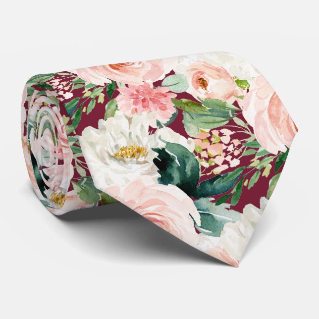 ArtsApp H2 Blush Pink Roses Burgundy Wedding Krawatte (Gerollt)
