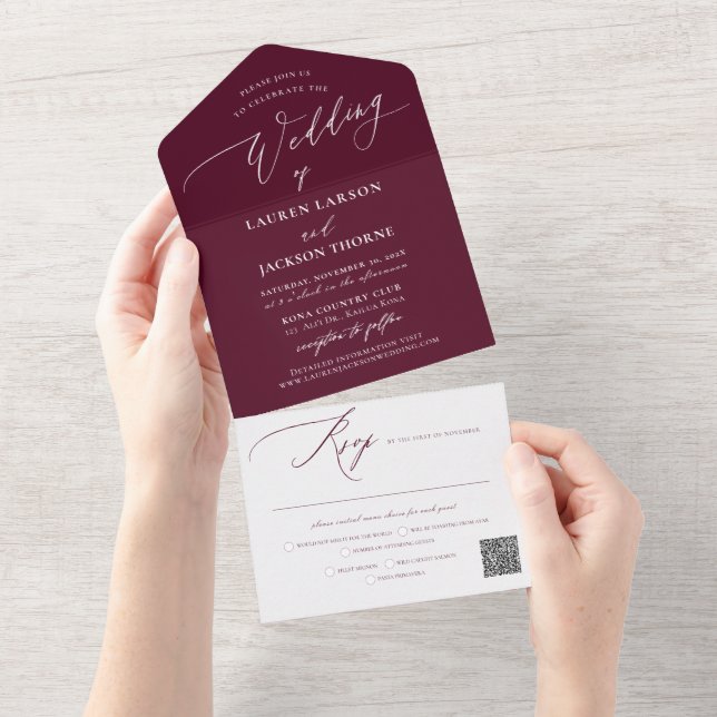 ArtsApp Moderne Kalligrafie Burgundy Wedding All In One Einladung (Abreißen)