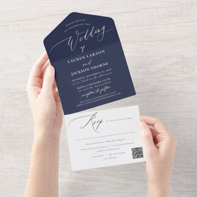 ArtsApp Moderne Kalligrafie Navy Blue Wedding All In One Einladung (Abreißen)