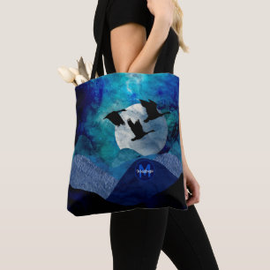 Artsy Blaue Nachtberge Fliegende Gänse Monogramm