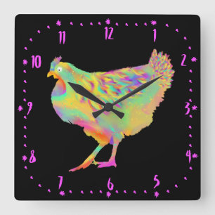 Artsy Colourful Dancing Chicken Funny Farm Hen Art Quadratische Wanduhr