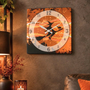 Artsy, Coole fliegende Hexensilhouette Halloween Quadratische Wanduhr