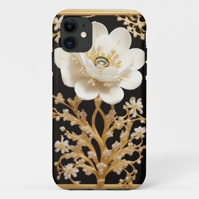 Artwork aus weißer Blume mit Luxus Gold Case-Mate iPhone Hülle (Rückseite)