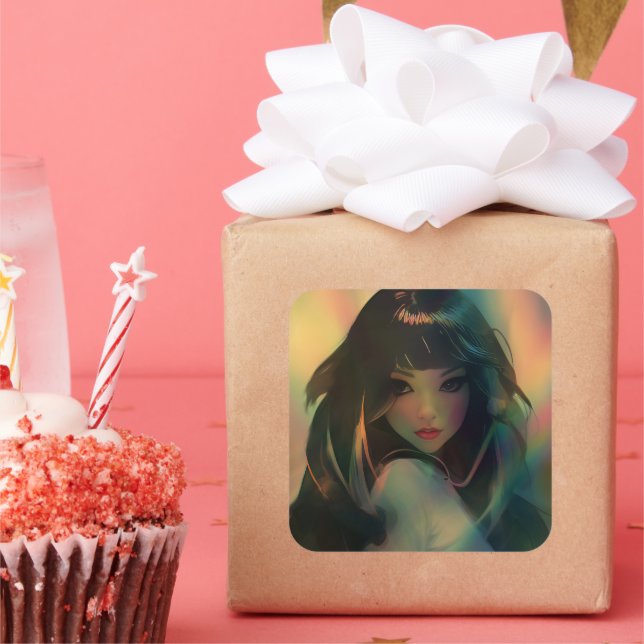 Artwork von Anime Girl umgeben von Rainbow Light Quadratischer Aufkleber (Party)