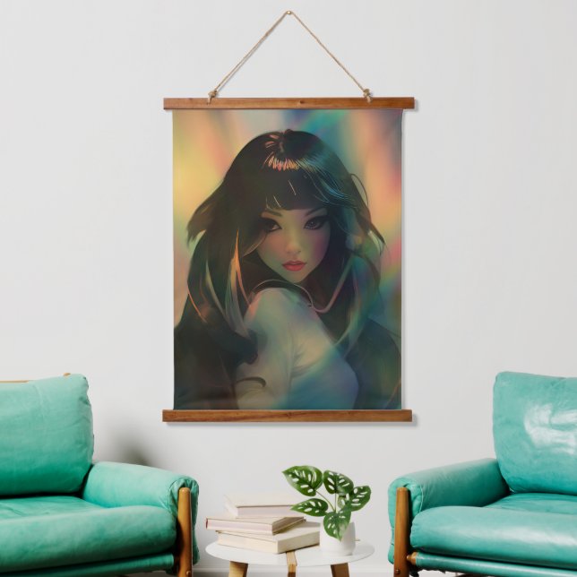 Artwork von Anime Girl umgeben von Rainbow Light Wandteppich Mit Holzrahmen (Wohnzimmer)