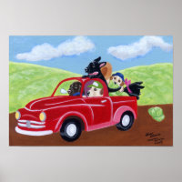 Artwork von roten Lkw und Labradoren