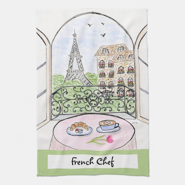 Artwork Whimsical Paris Eiffel Tower French Chef  Geschirrtuch (Vertikal)