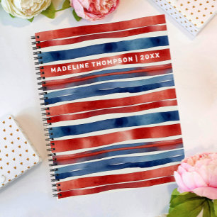 Arty-Trendy-Rot-Blau-Weiß-Aquarell-Gestreift Notizbuch