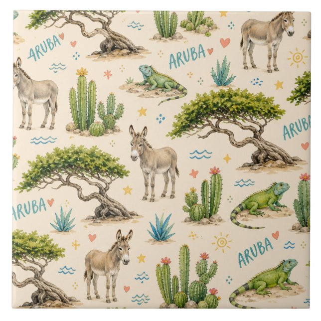 Aruba Divi-Baum, Esel, Leguan, Kaktus Fliese (Vorderseite)