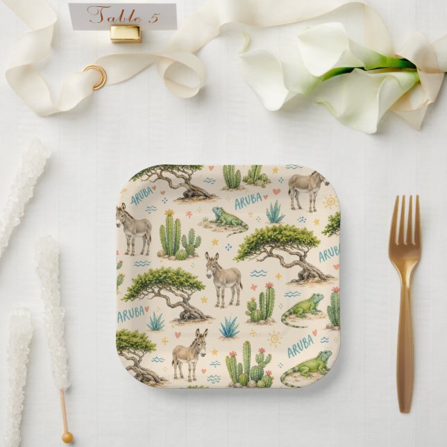 Aruba Divi-Baum, Esel, Leguan, Kaktus Pappteller (Hochzeit)