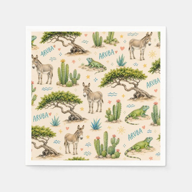Aruba Divi-Baum, Esel, Leguan, Kaktus Serviette (Vorderseite)