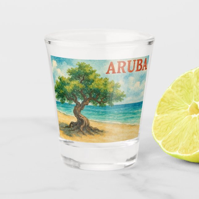 Aruba Divi Tree Eagle Beach Aquarell Schnapsglas (Vorderseite)
