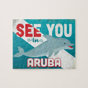 Aruba Dolphin - Retro Vintage Travel Puzzle