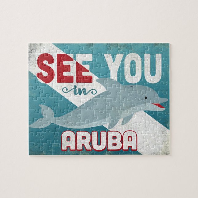 Aruba Dolphin - Retro Vintage Travel Puzzle (Horizontal)