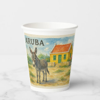Aruba Donkey with Yellow Cunucu house watercolor Pappbecher
