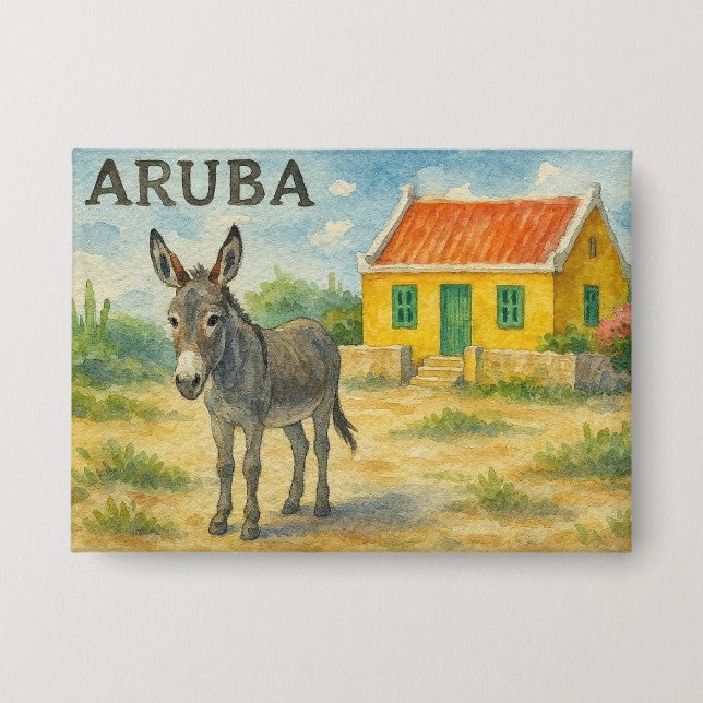 Aruba Esel mit gelbem Cunucu-Haus Aquarell Button (Vorderseite)