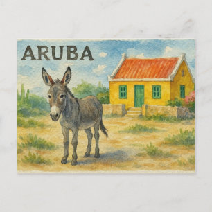Aruba-Esel mit gelbem Cunucu-Haus Aquarell Feiertagspostkarte