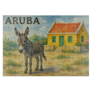 Aruba Esel mit gelbem Cunucu-Haus Aquarell Schneidebrett