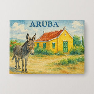 Aruba Esel und Cunucu-Haus Aquarell Button