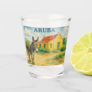 Aruba Esel und Cunucu-Haus Aquarell Schnapsglas
